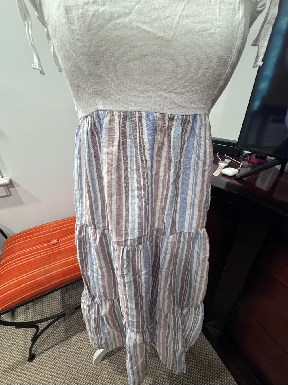 White Ruched Bodice Tiered Striped Maxi Dress - Picture 5 of 7